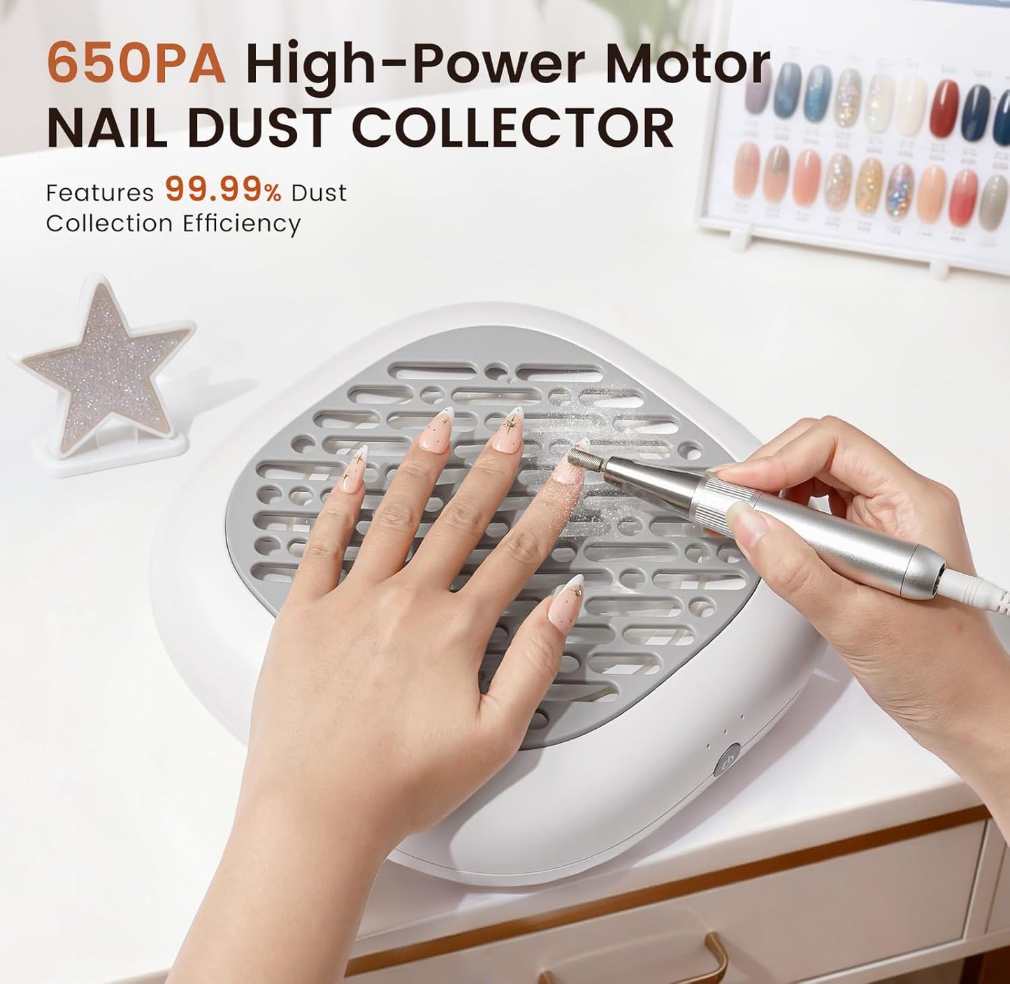 Nail Dust Collector for Nail Tech - 13000RPM Nail Vacuum Dust Collector with 360° Fexible Tube & Reusable Filter - Manicure Dust Cleaner for Acrylic Nail Salon, Home DIY & Crafts