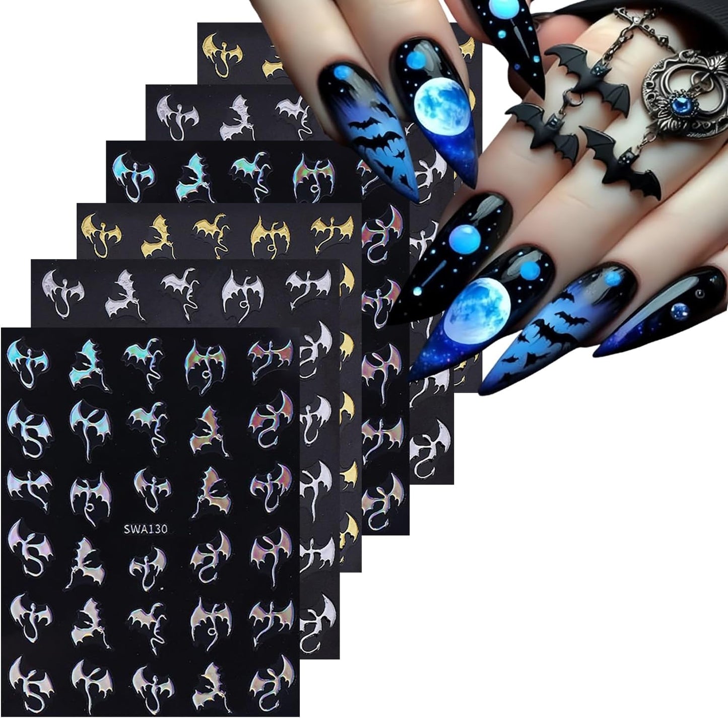 6 Sheets Halloween Nail Art Stickers 3D Self -Adhesive Bat Nail Decals Holographic Hot Stamping Gold Silver Laser Bat Nail Stickers Halloween Nail Decoration for Women Manicure Supplies