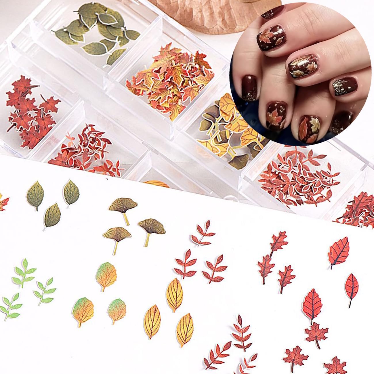 Fall Maple Leaves Nail Sequins 3D Autumn Fallen Leaf Flower Nail Art Flakes for Acrylic Nails Mixed Maple Leaf Wood Pulp Slice Glitter Nail Flake Design for Women DIY Thanksgiving Manicure Decor