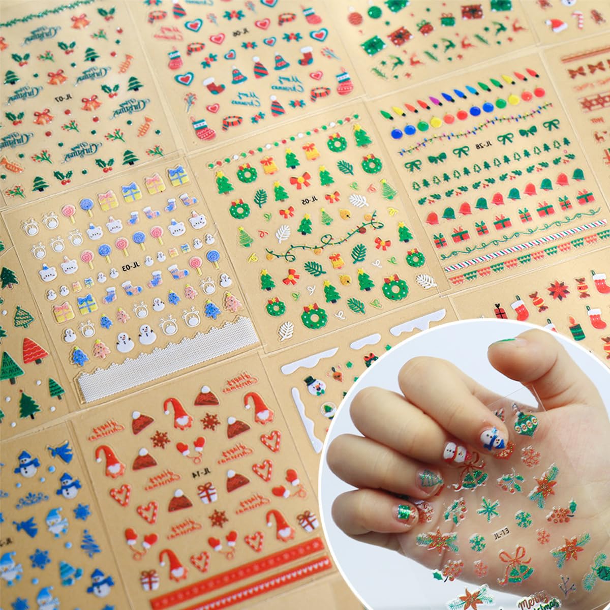 30 Sheets Christmas Nail Art Stickers Decals 3D Self Adhesive Christmas Nail Decals Santa Claus Elk Snowman Christmas Tree Nail Decorations Winter Nail Stickers for Women DIY Acrylic Nail Supplies