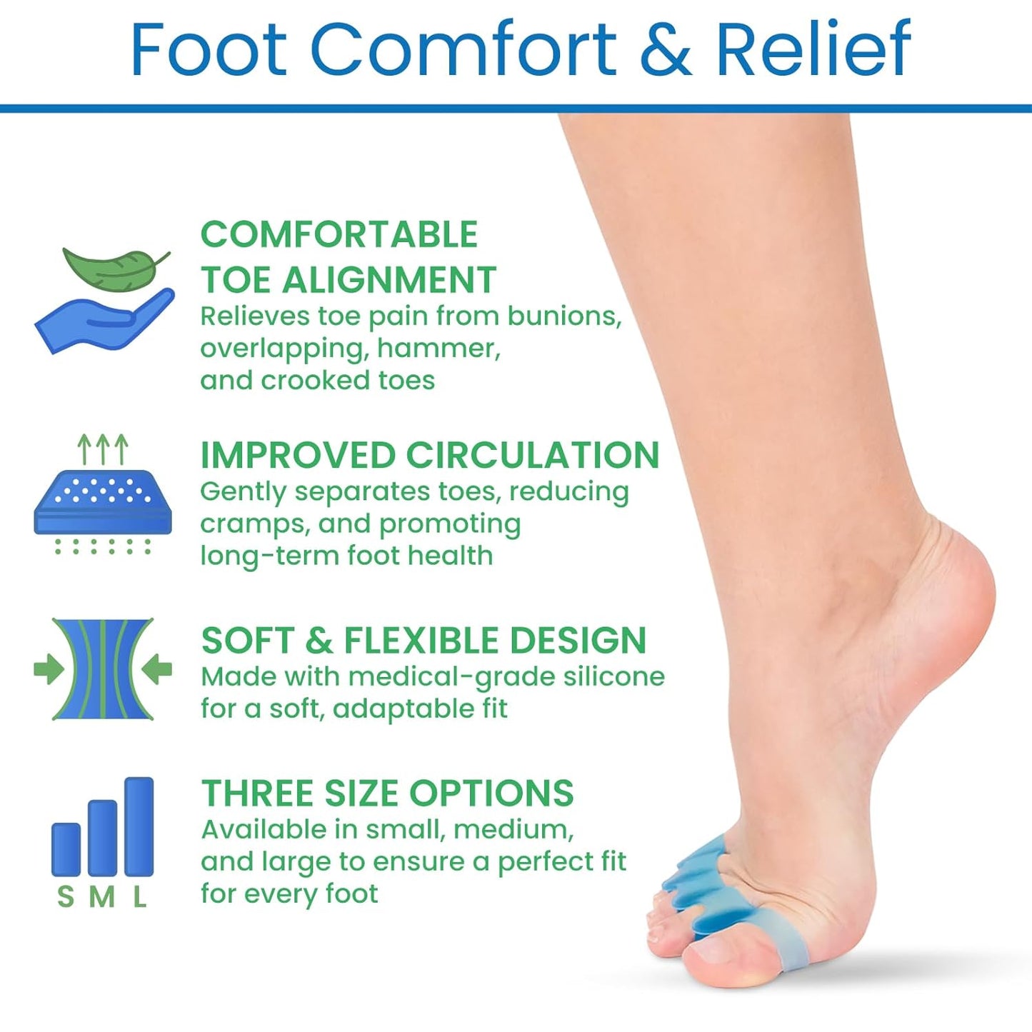 ViveSole Toe Spacers for Women & Men (4 PCS) - Silicone Gel Toe Separators & Spreaders for Pedicure & Plantar Fasciitis - Bunion Corrector, Hammer Toe Straightener & Stretcher for Pain Relief (Large)