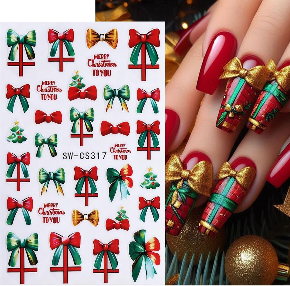 Christmas Nail Stickers Bow Stocking Snowman Nail Art Stickers Holiday Flower Candy Nail Decals 6Pcs Self-Adhesive Christmas Tree Design Sticker Holiday Nail Art Decoration for Women Manicure