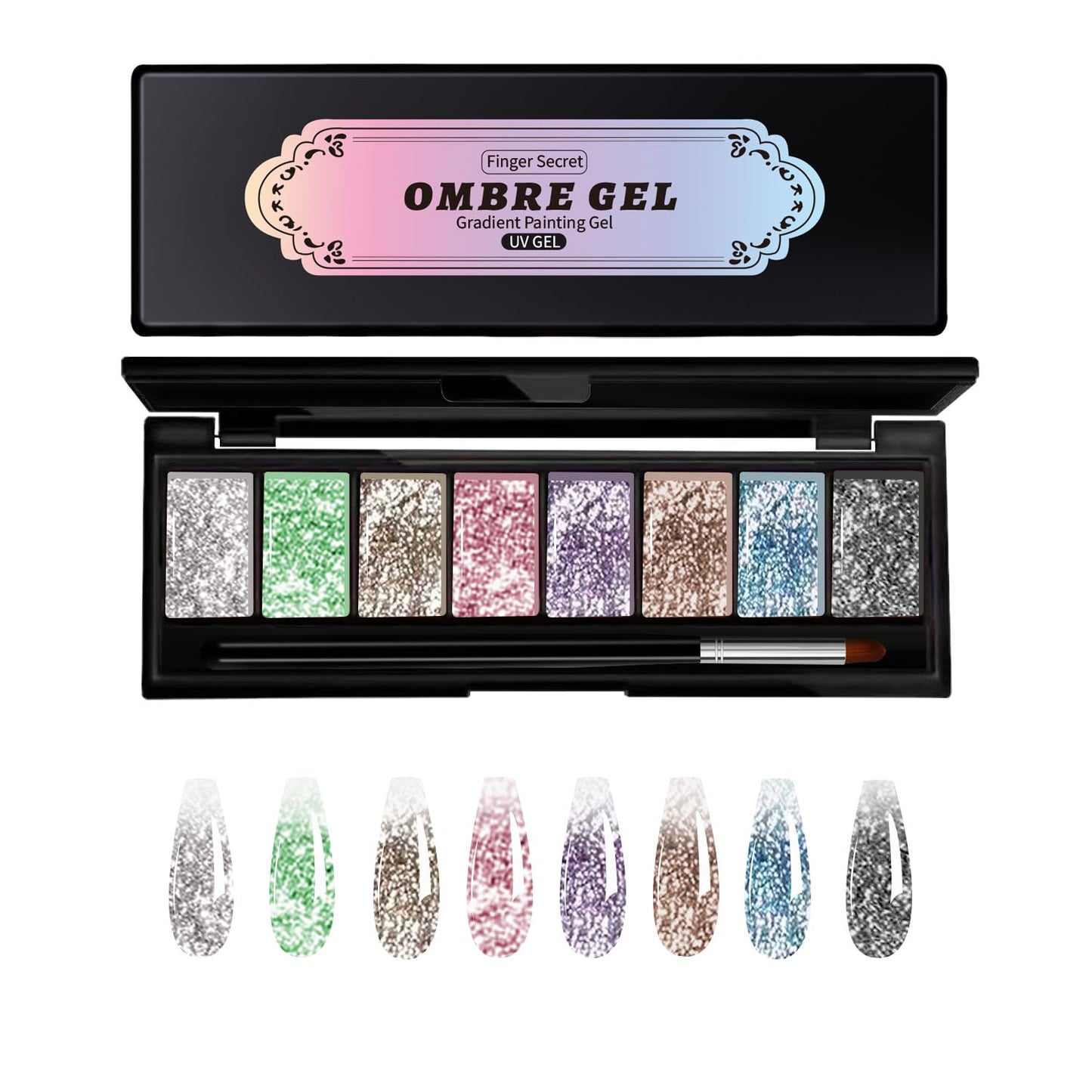 Finger Secret 8 Colors Ombre Gel Pat Nail Polish Set,Ombre Pigment for Nails,Gradient Painting Gel with 50Pcs Nail Sponges for 3D Gels Nail Art can be Painted in Salon or Home Use