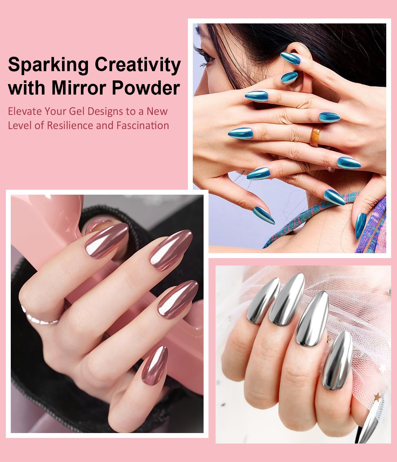 Chrome Nail Powder Set 6 PCS - Metallic Mirror Glitter Nail Art Decoration Powder,Professional Red Green Gold Blue Chrome Pigment for DIY Manicure,Salon Use
