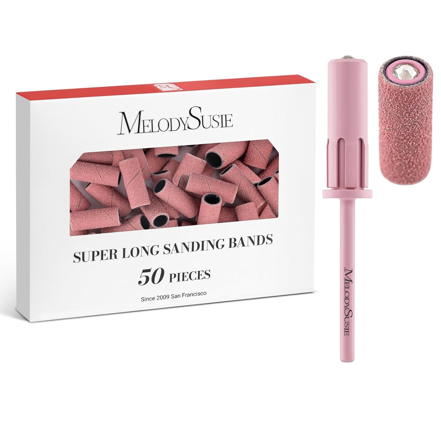 MelodySusie 50 Pcs Nail Drill Bits Super Long Sanding Bands with 6.65mm Crystal Mandrel Bit, 120 Medium Grit Nail File for Acrylic Nails Gel Manicures and Pedicure, Pink