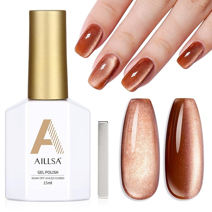 AILLSA Cat Eye Gel Nail Polish Brown Glitter Gold Gel Polish with Magnet, Amber Nude Shimmer Gel Polish Crystal Reflective Jelly Winter Color Translucent UV Gel Salon DIY at Home 0.5 OZ GF24