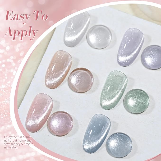 Born Pretty Cat Magnetic Eye Gel Nail Polish, Pastel Milky Cat Magnetic Gel Pastel Blue Green Purple Pink Nude Silver Nail Art Gel Manicure Salon DIY Gifts 7ML 6PCS
