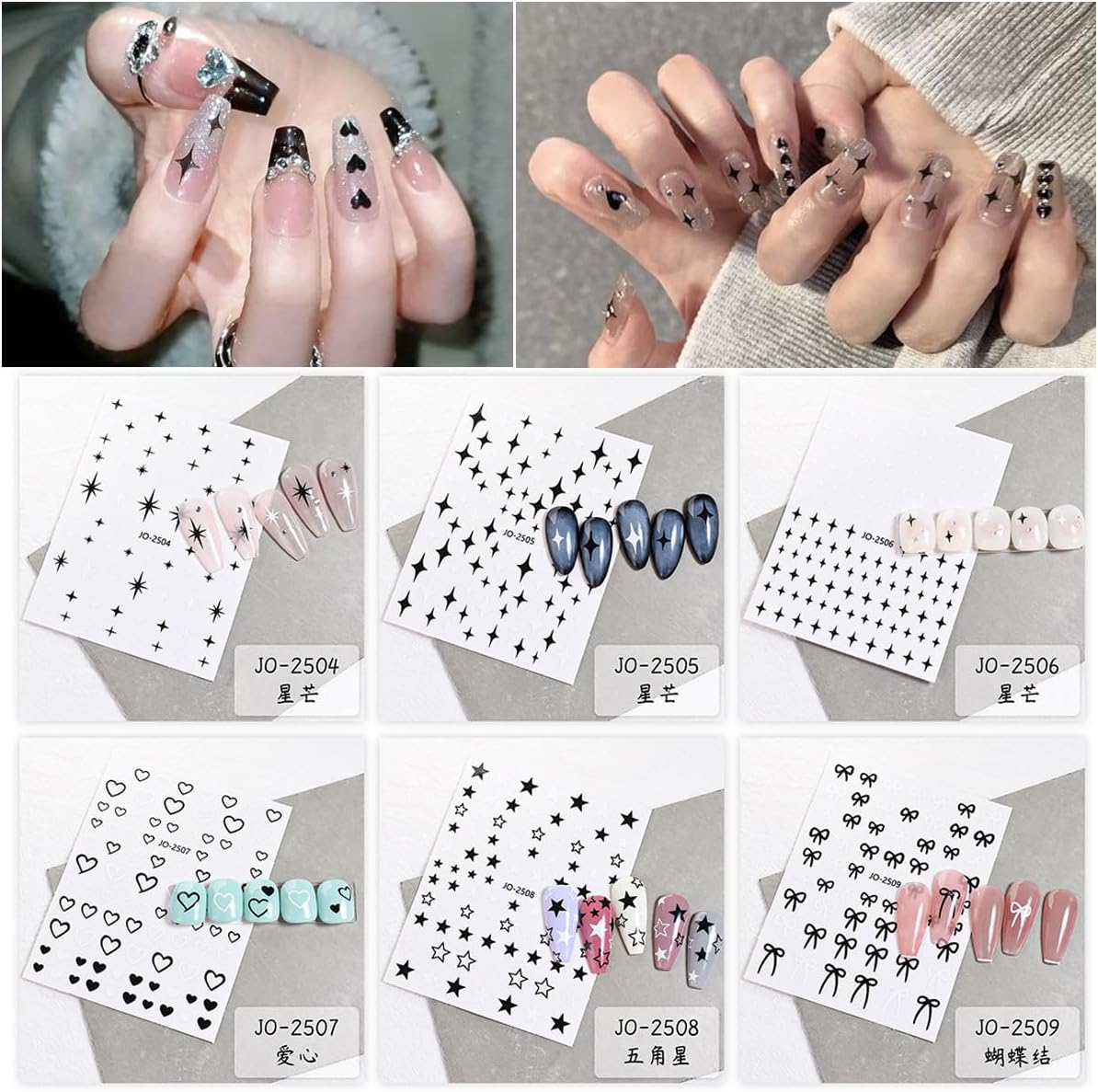 Black White Nail Art Stickers Star Heart Nail Decals Cute Bow Hearts Star Shapes Simple Shiny Pentagram Love Bow Nail Art Designs 3D Self-adhesive Press On Nail Art Charms Sticker Nail Decoration 6PCS