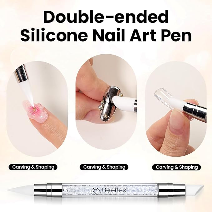 Beetles Solid Builder Nail Gel 1 oz White 3D Sculpting Gel for Nail Art Non-Sticky Extension with Rhinestones & Pearls and Rhinestones Glue Double-Head Pen DIY Salon Home for Women