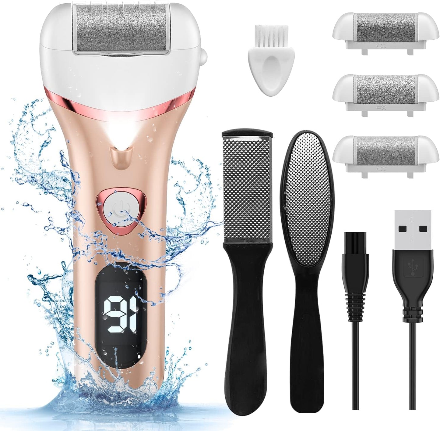 Electric Foot Callus Remover, Rechargeable Portable Electronic Foot File Pedicure Kits, Waterproof Foot Scrubber File, Professional Pedicure Tools, Foot Care for Dead Skin Ideal Gift, 3 Rollers