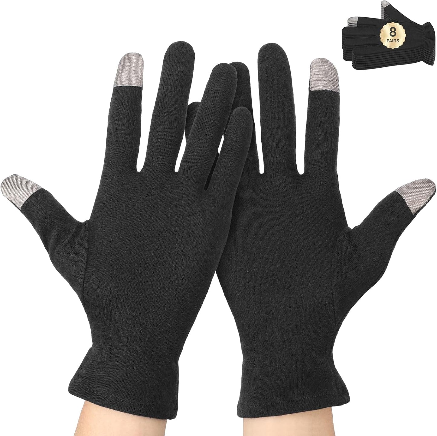 Segbeauty 16 Counts Elastic Black Cotton Gloves with Touchscreen Fingers, 8 Pair Bulk Sleeping Moisturizing Lotion Gloves Overnight for Women with Elastic Band, Hand Care Cotton Work Glove for Working