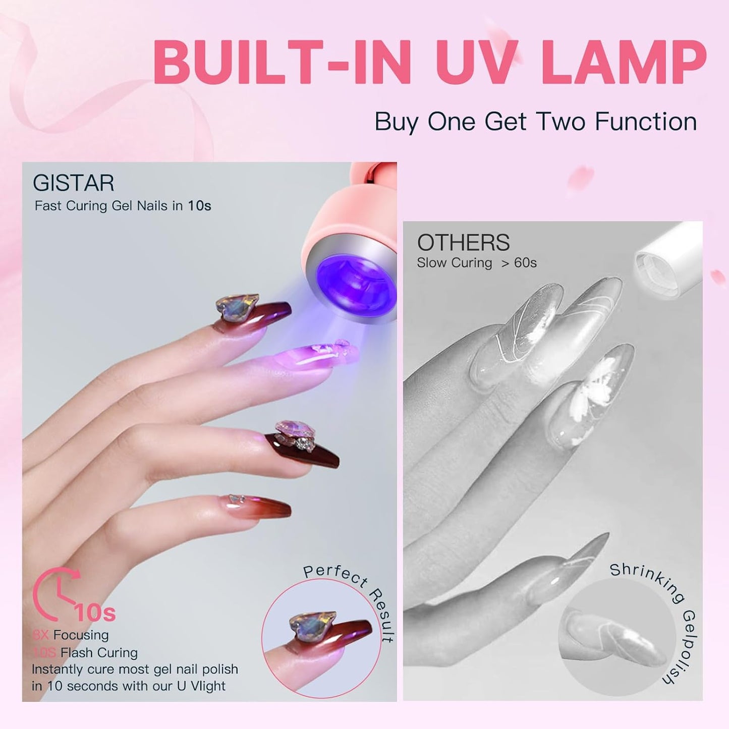 Cordless Electric Nail Drill Kit with Built-in UV Lamp, 2-in-1 Multi-Function Efile with Adjustable Speed & LCD Display, Quiet Portable for Acrylic/Gel Rechargeable Nail File Manicure Pedicure(Pink)