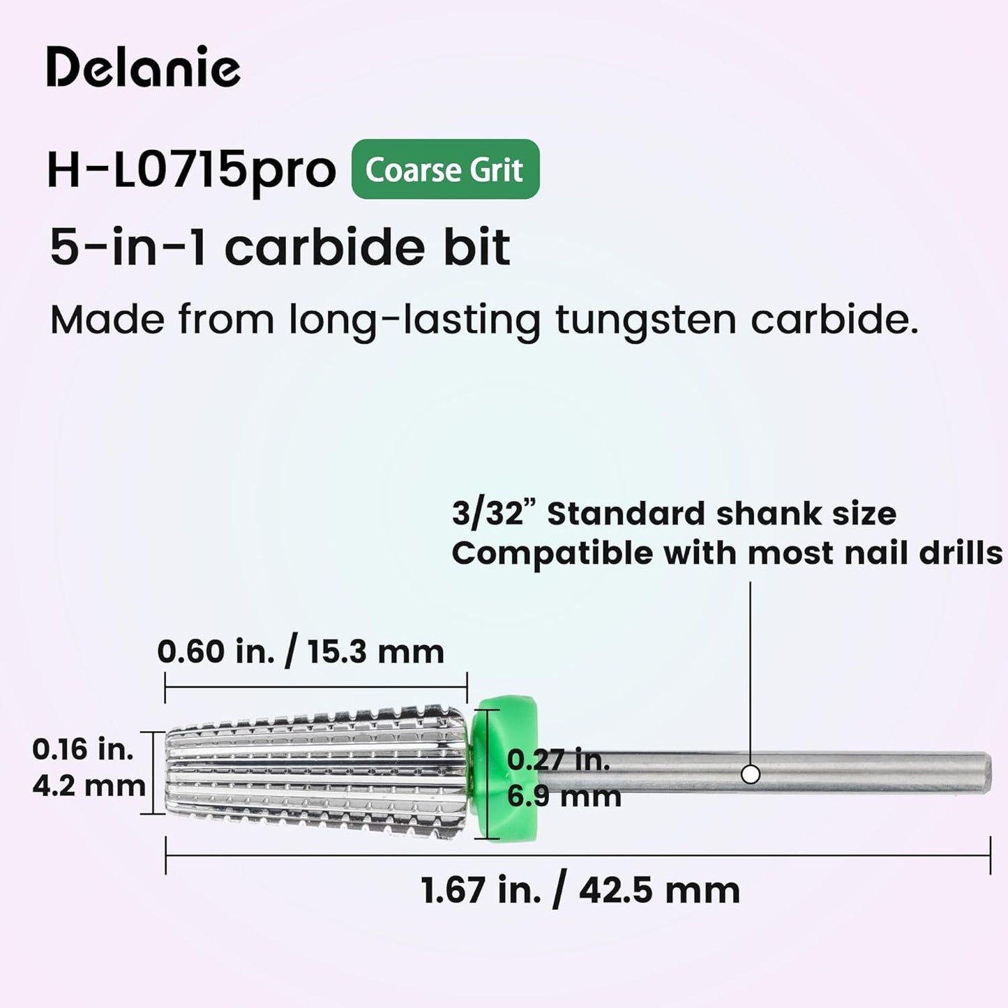 Delanie 5-in-1 Carbide Nail Drill Bit for Professional Nail Tech, 3/32", Coarse Grit