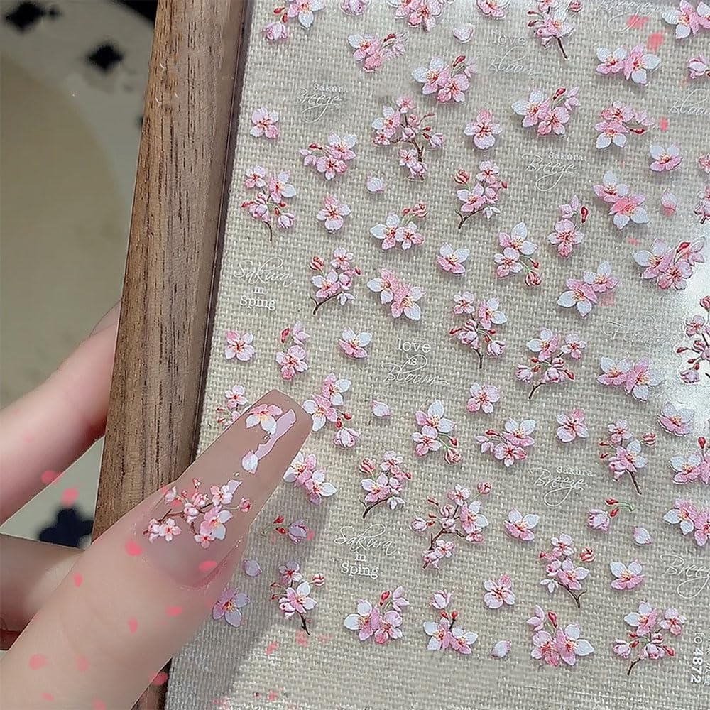 2 Sheets Flower Nail Stickers for Nail Art, 5D Embossed Self Adhesive Spring Summer Sakura Design Nail Supplies Decoration for Women Girl DIY Manicure Accessories