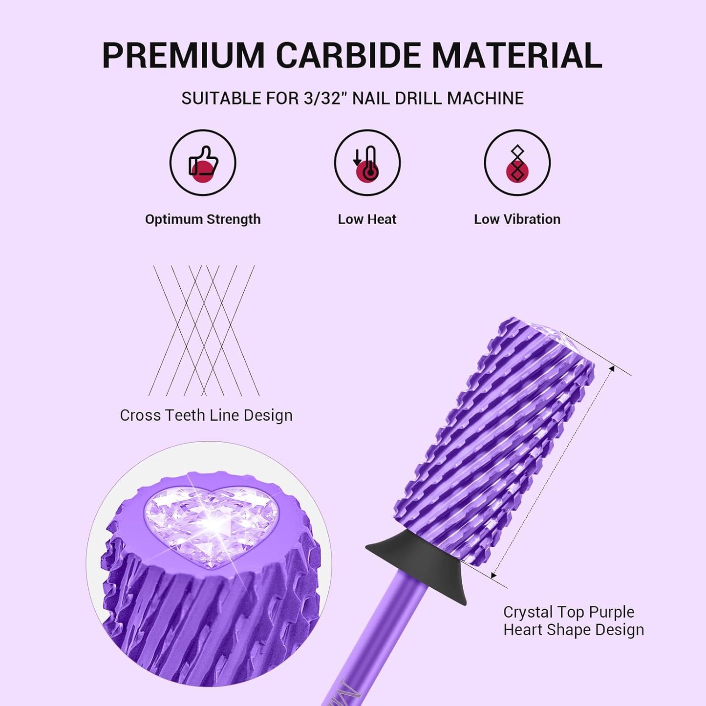MelodySusie Large Barrel 3/32'' Tungsten Carbide Nail Drill Bit, Crystal Top Purple Heart Shape, Fast Remove Acrylic Gel, Cuticle Gel Polishing for Manicure Pedicure, Purple, Series Bit-S, XC