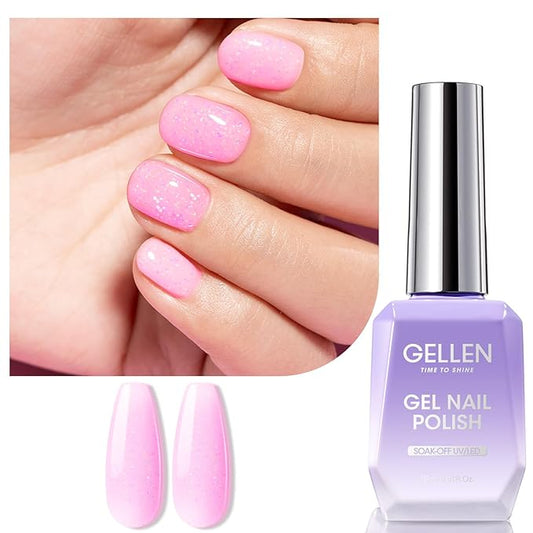 Gellen Light Pink Gel Nail Polish, 18ml Dating 1102 Glitter Pink Nail Gel Polish U V Light Cure Soak Off Gel for Spring Summer Daily Use at Home Manicure