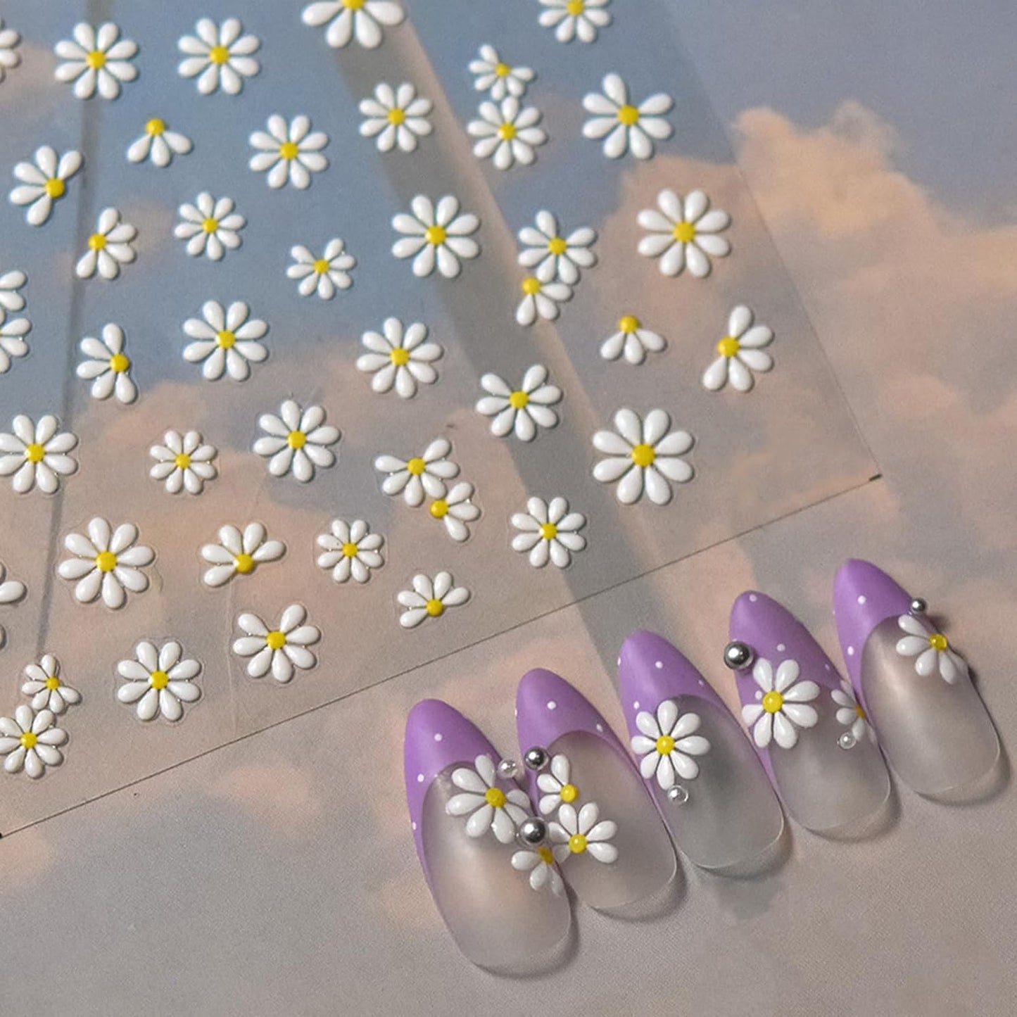 Flower Nail Stickers Self-Adhesive 5D Embossed Jelly Sliders Floral Petals Nail Art Stickers Decals Spring Summer White Daisy Floral Nail Design Stickers for Women Girls Manicure Decoration 1 Sheet