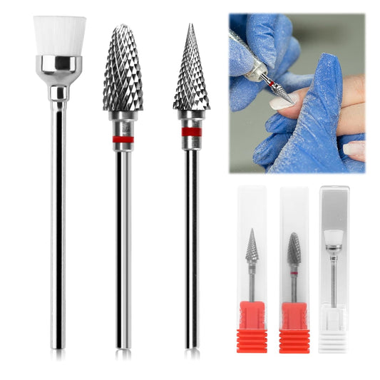 3 Pack Professional Carbide Nail Drill Bits Set with Cleaning Brush, 3/32" 5 in 1 Tungsten Safety Cuticle Bits for Manicure Pedicure Gel Polish Removal (Fine Teeth, Round & Pointed Head)