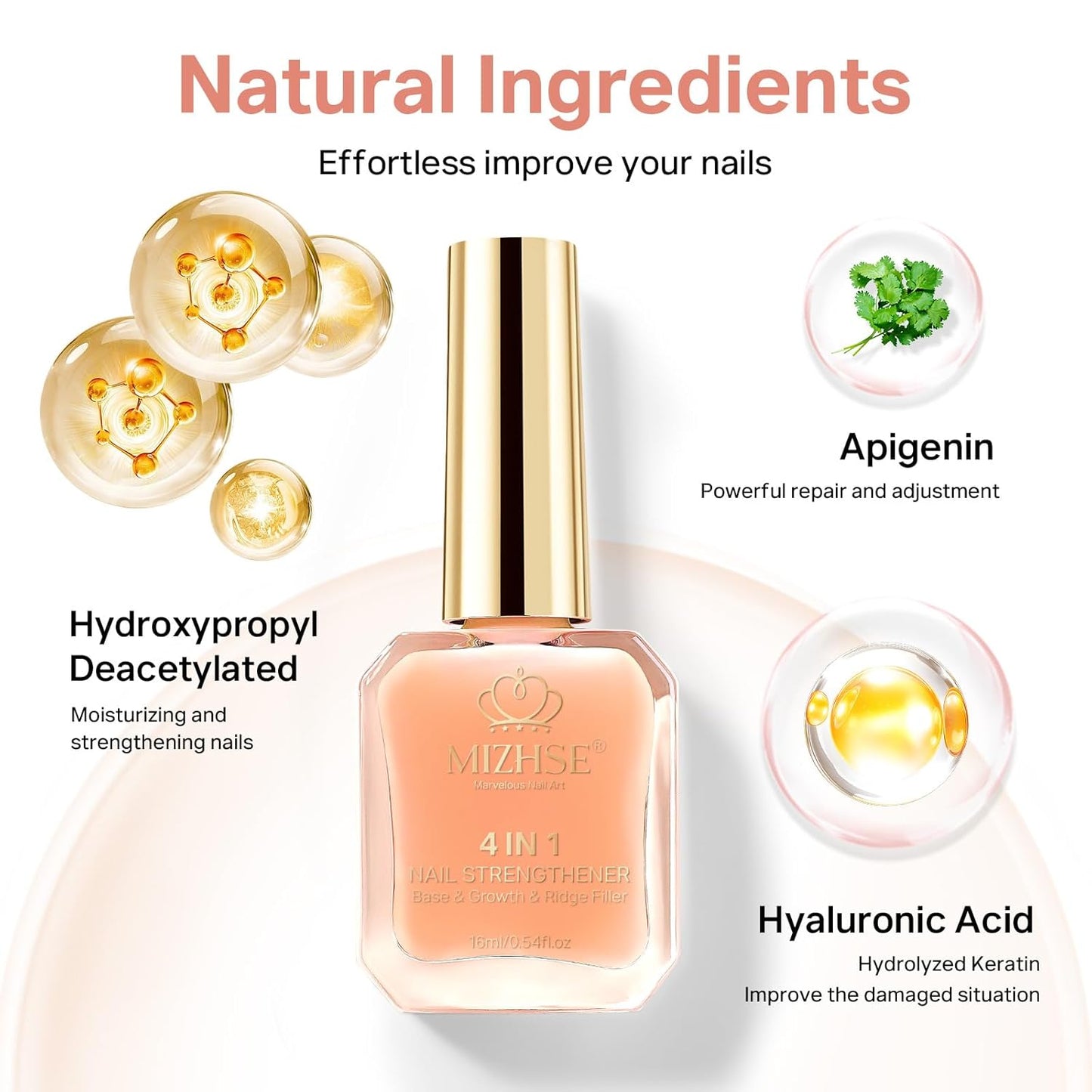 MIZHSE Nail Strengthener, Nude Color Air Dry Nail Repair Treatment Growth Polish, Natural Concealer Ridge Filler for Nails Foundation Polish for Thin and Damaged Nails 16ML