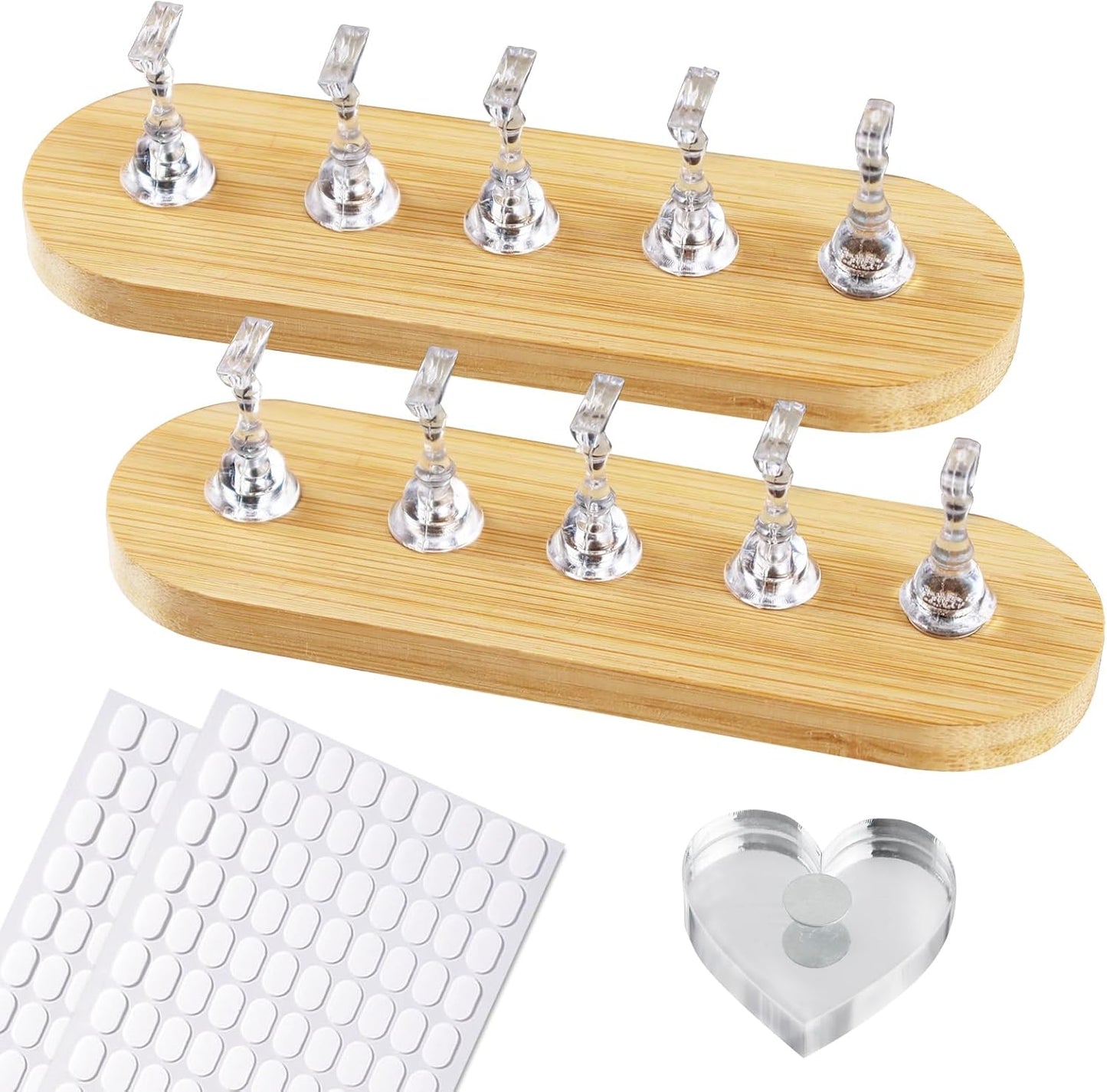 Wooden Stand for Nails Art Display Practice 2 Set, 1 Heart Shaped Acrylic Magnetic Nail Stand, Fake Nail Holder with 200 Pieces Double-sided Tape, For Home DIY Salon Supplies (Wood, Large)