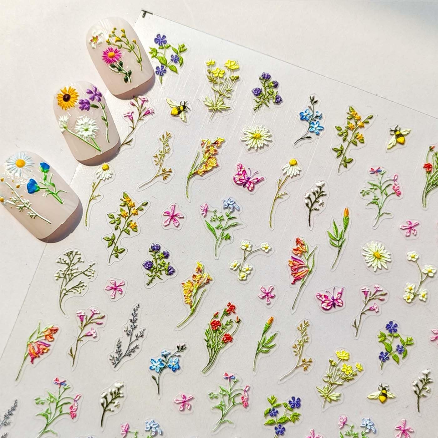 Flower Nail Stickers 5D Embossed Flowers Nail Art Stickers Spring Summer Floral Leaf Plant Nail Decals Self-Adhesive Nails Supply Manicure Sliders for Women Girls Nails Art Decoration