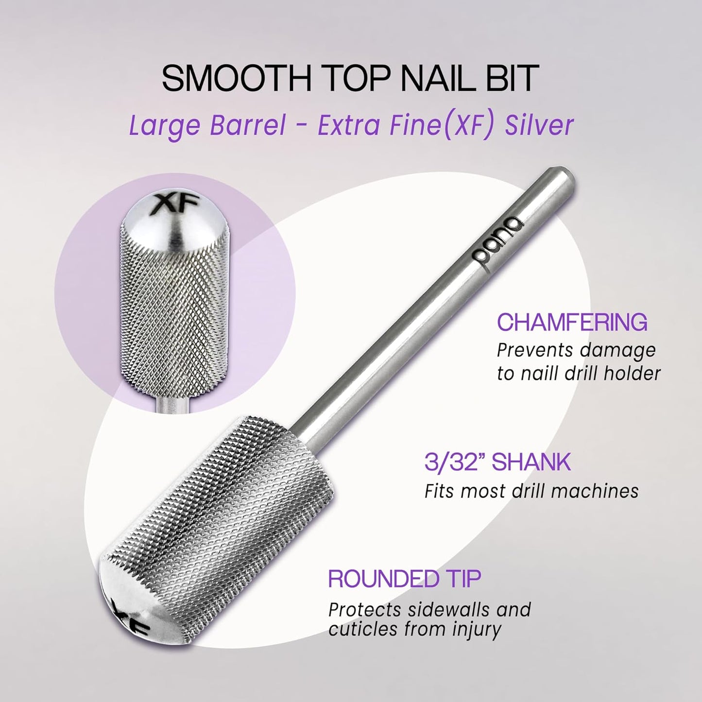 PANA 3/32" Large Smooth Round Top Safety Carbide Nail Drill Bit for Gel Polish & Acrylic Removal Nail Salon Manicure Pedicure Electric File Tools (Large Barrel - Silver, Extra Fine)