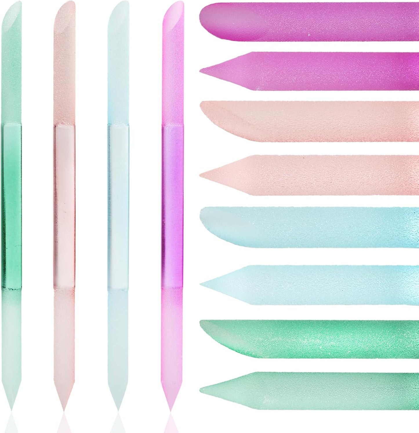 JERCLITY 4 Pieces Double-Ended Glass Nail Files Glass Cuticle Pusher Cuticle Stick Set Nano-Frosted Nail Polished Crystal Glass Rod Manicure Pedicure Pusher Tools(Peach Pink/Purple/Cyan/Green)