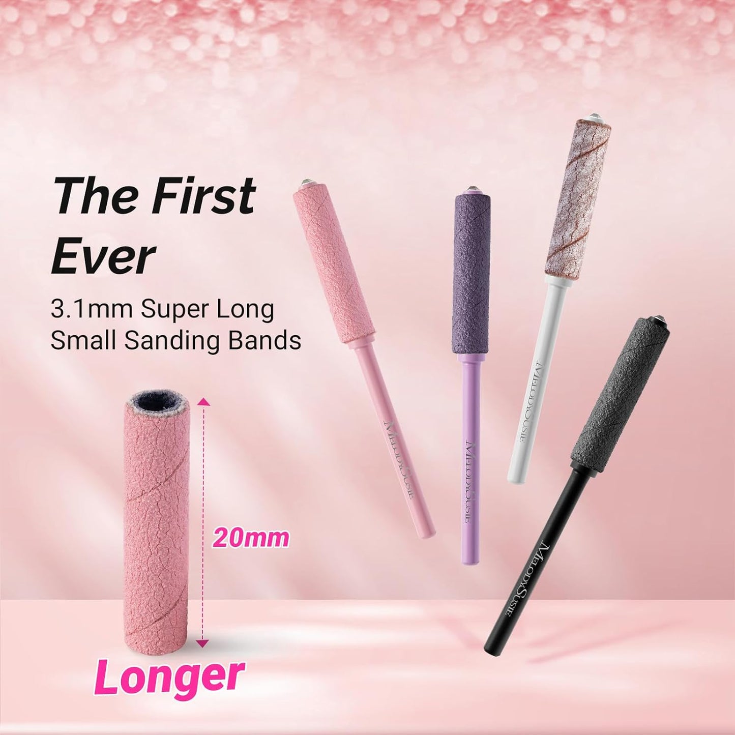 MelodySusie 50 Pcs Nail Drill Bits Super Long Small Sanding Bands with 3.1mm Crystal Mandrel Bit, 240 Extreme Fine Grit Nail File for Acrylic Nails Gel Manicures and Pedicure, Pink