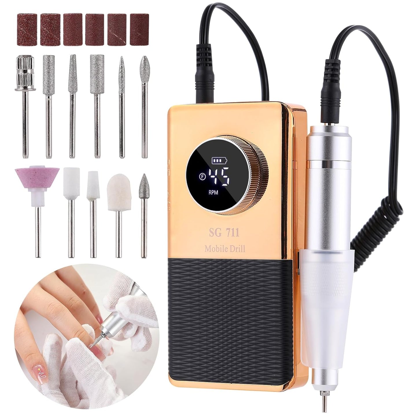 Electric 45000RPM Nail Drill Machine Rechargeable Portable Nail File Electric DIY Nail Drill Kit with Smart LCD Screen for Gel Nail Manicure and Pedicure Reflective Body etc (Yellow)