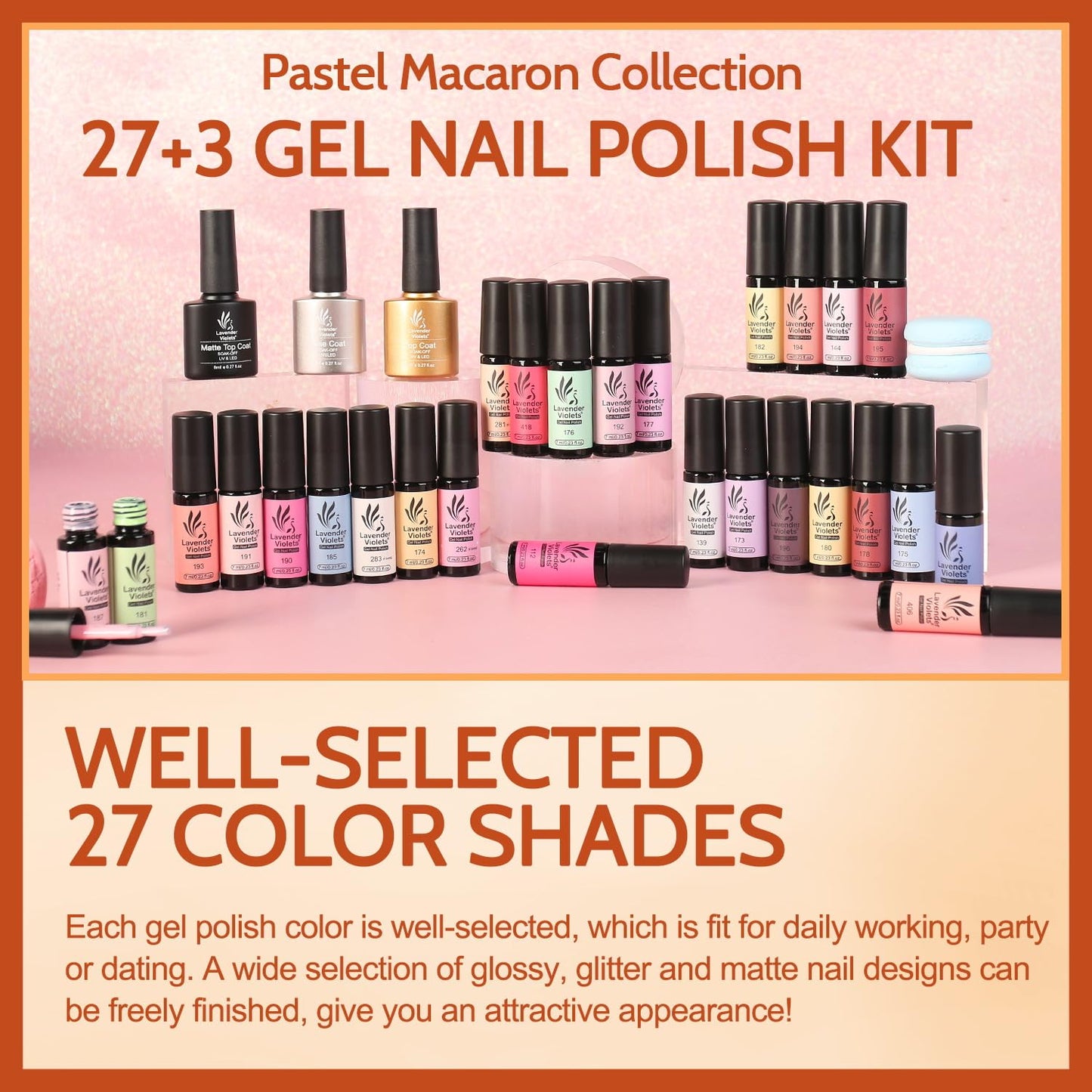 Lavender Violets 30pcs Gel Nail Polish Set 27 Shiny Candy Colors with Base and Glossy & Matte Top Coat for Home Nail Art Design DIY Gift Set C974