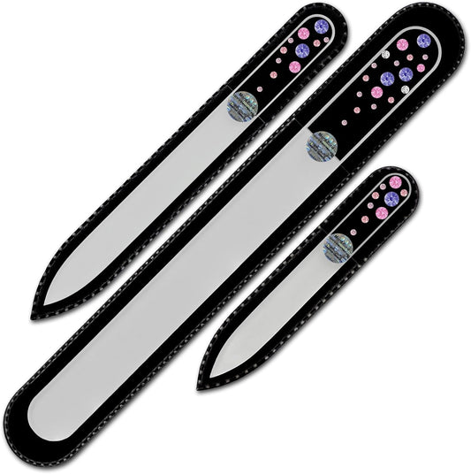 Mont Bleu Set of 3 Glass Nail Files Hand Decorated with Crystals - Handmade - Czech Tempered Glass