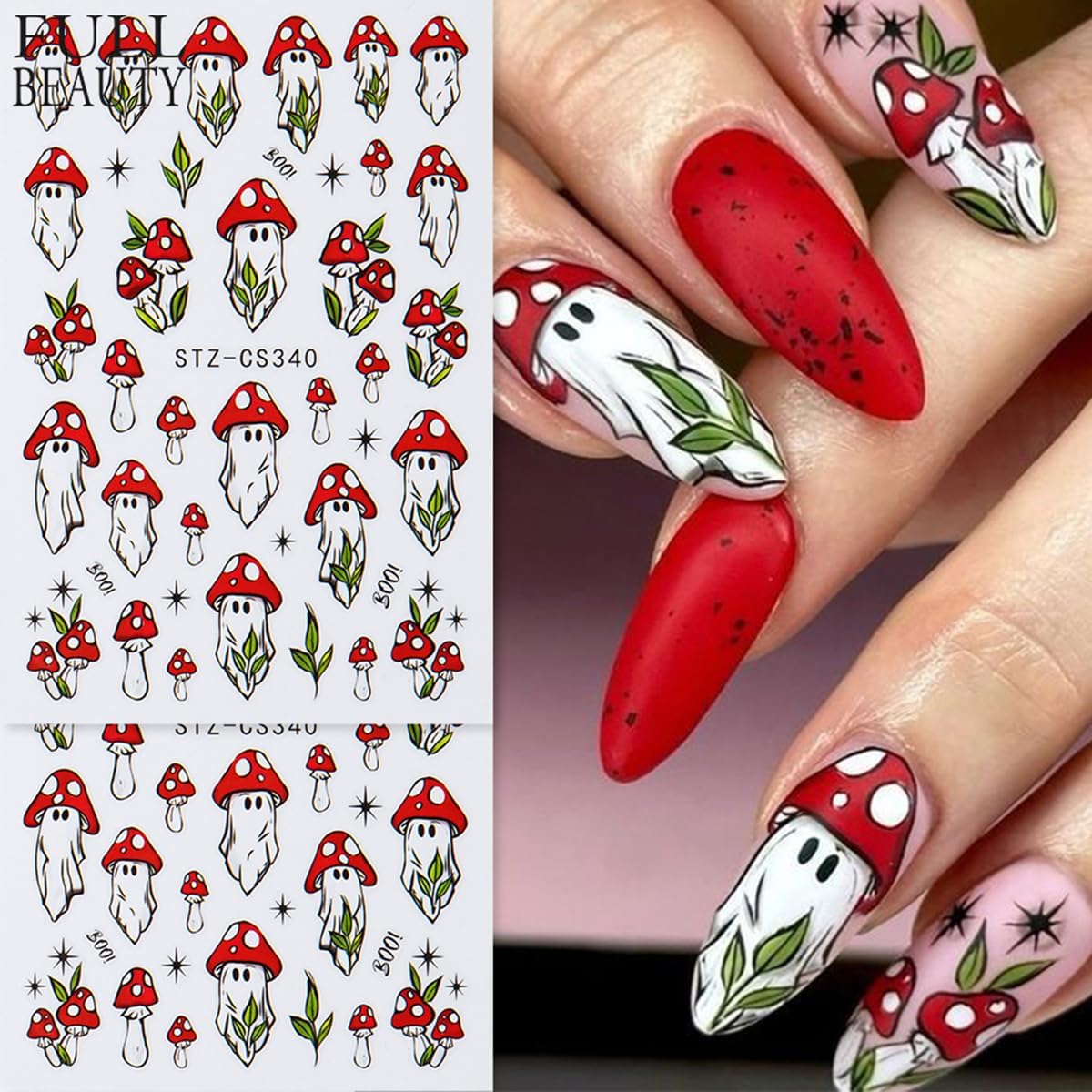 Halloween Nail Art Stickers Decals 3D Skull Mushroom Ghost Halloween Nail Stickers 6PCS Rose Flowers Love Heart Leaf Design3D Self-Adhesive Nail Decals Manicure Supply for Holiday Nail Art Decorations