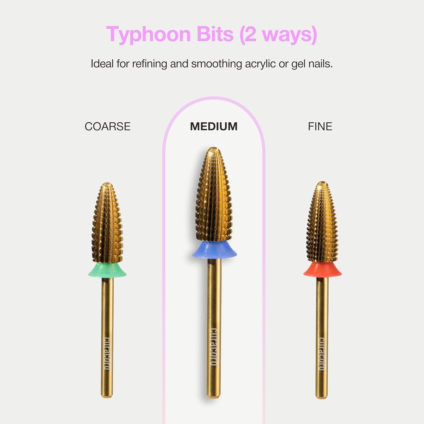 Curacoro Nail Drill Bits 3/32'' - Typhoon Bits, 2 Way, Carbide Bit (Medium) for Professional Finish, Fast Remove, Refine & Smooth Acrylic or Gel Nails, Precise & Easy Control, Nail Art Salon & Home