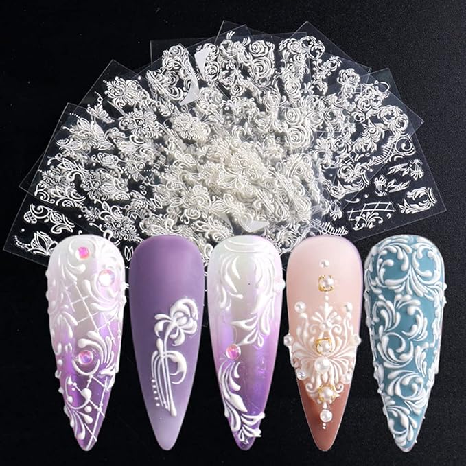 French Nail Art Sticker Decals 5D Embossed French Pattern Roses White Nail Art Accessories Self-Adhesive Nail Art Supplies Decoration Retro Classic Acrylic Nails Design, 8 Sheets