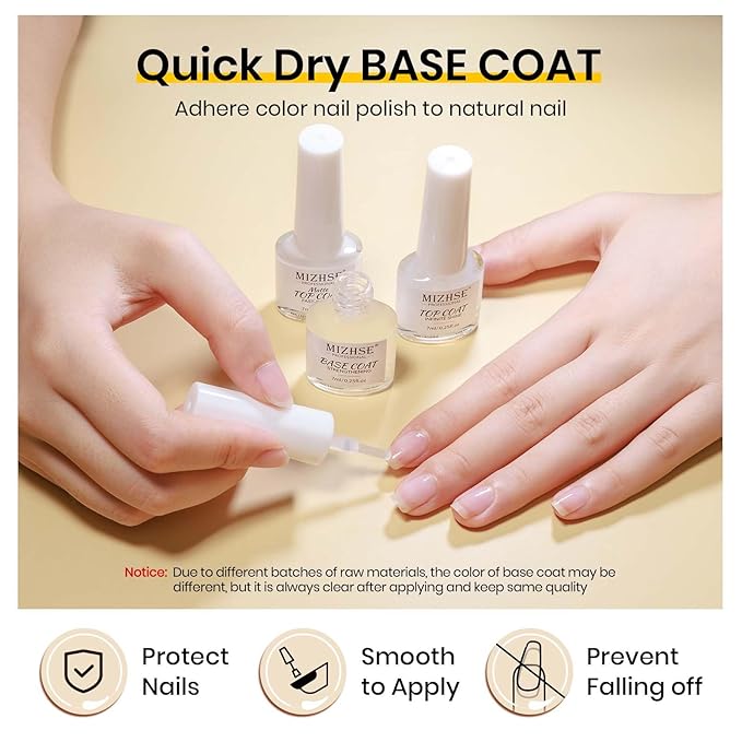 MIZHSE Quick Dry Base and Top Coat Set, Clear Foundation Nail Polish Air Dry Fast, Matte Top Coat Protect Nails Manicure Home DIY