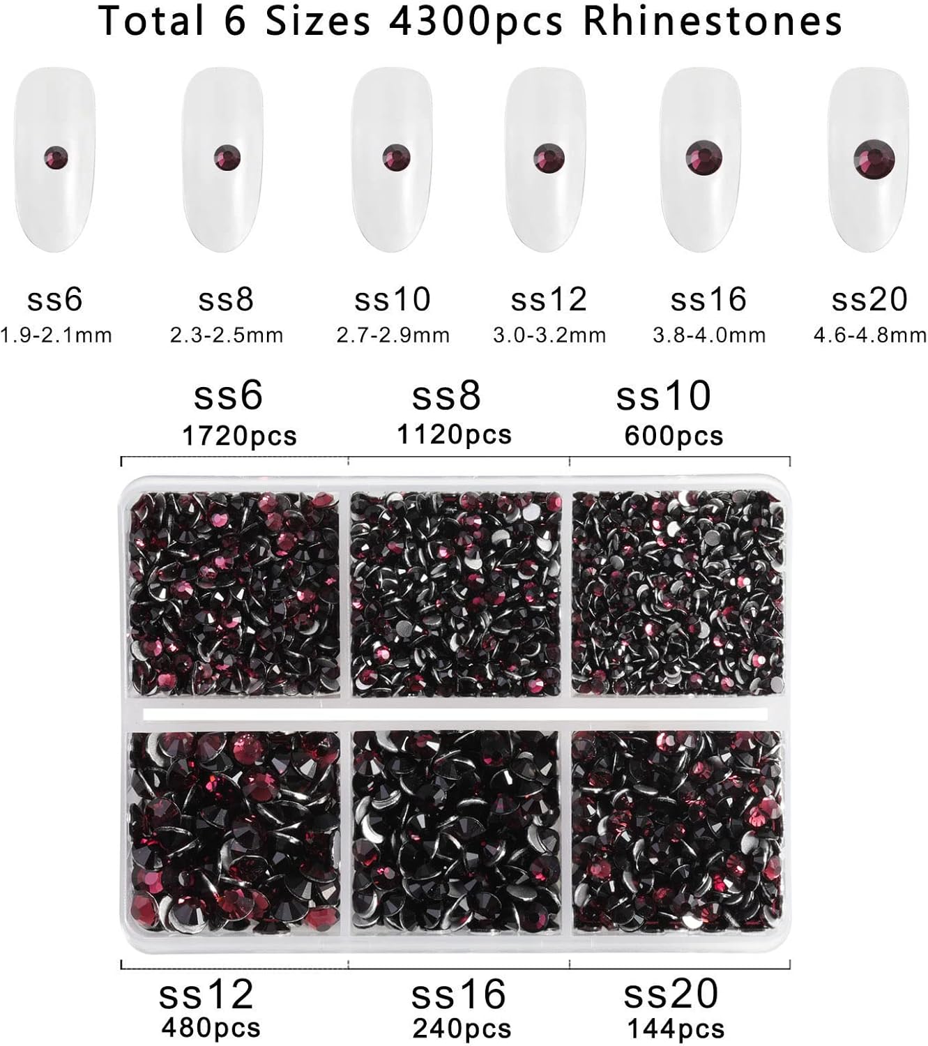 Beadsland 4300pcs Flatback Rhinestones,Burgundy Rhinestone Nail Gems Round Crystal Rhinestones for Crafts,Mixed 6 Sizes with Picking Tweezers and Wax Pencil Kit, SS6-SS20,Amethyst