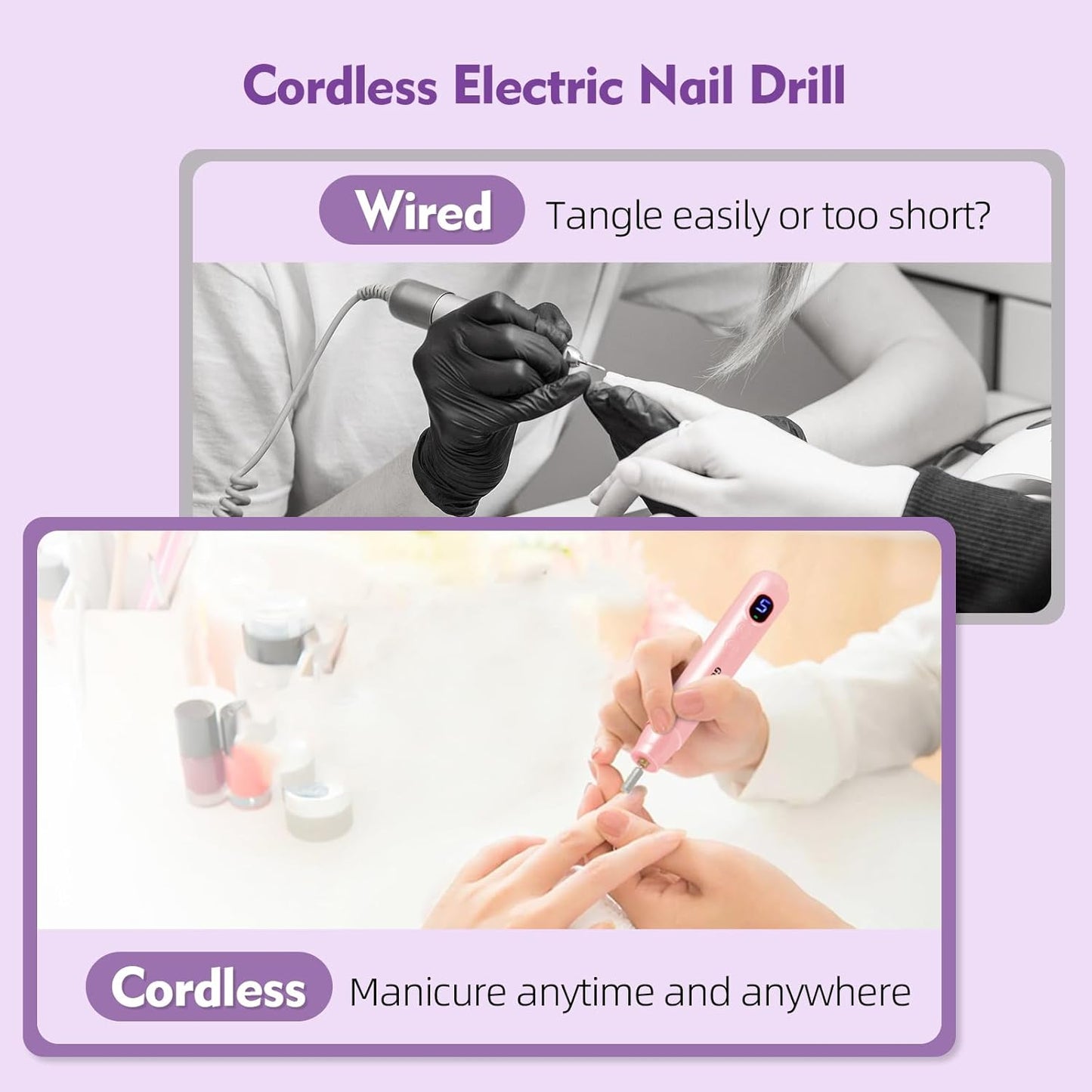 Electric Nail Files Cordless Rechargeable Nail Drill Machine for Natural Acrylic Gel Nails Professional Portable Efile Manicure Pedicure Kit for Girl Women Mum Home Use Beginners (Pink)