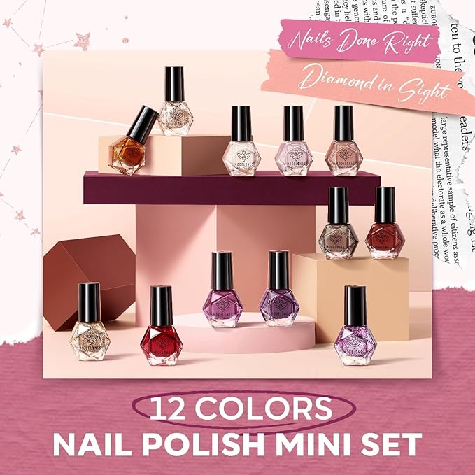modelones Nail Polish Set 12 Colors Burgundy Red New Year 2025 Nail Polish Set Champagne Gold Glitter Dark Red Purple Shimmer Brown Nail Valentines's Gifts for Women Girl DIY Salon Home