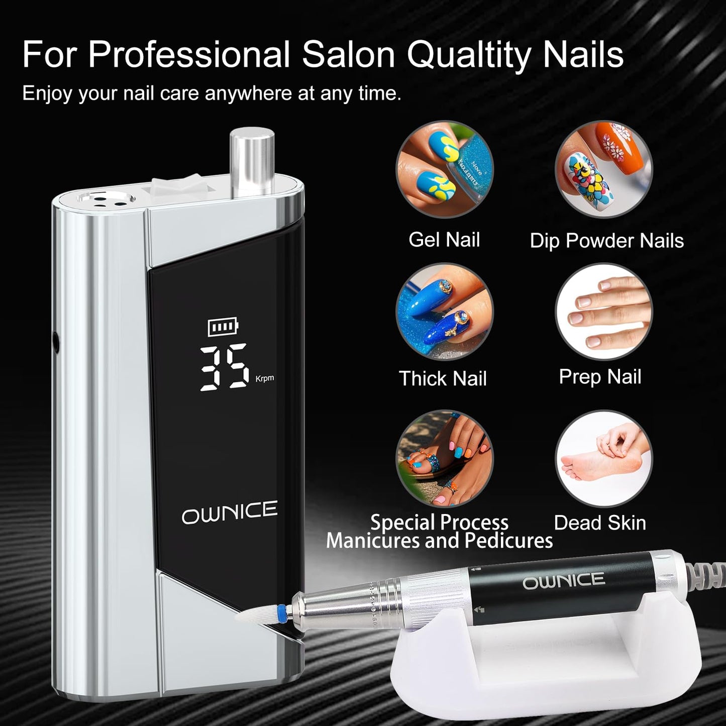 Electric Professional Nail Drill 35000RPM Cordless Portable Nail E-File Buffer Tools with Bits Perfect for Salon Manicure Pedicure Acrylic, Gel, Natural Nails(Sky Silver)