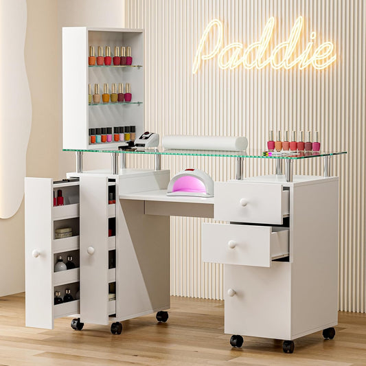 Paddie Manicure Table Nail Tech Table, Glass Top Nail Desk Station for Nail Tech w/Shelves & Wrist Cushion, Acetone Resistant Beauty Salon Workstation w/Lockable Wheels(White)