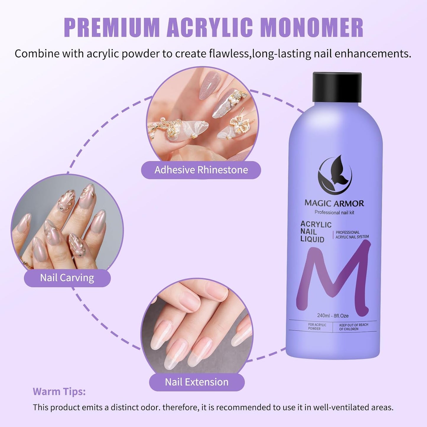 8FL.OZ Acrylic Liquid Monomer Acrylic Nail Liquid Non-Yellowing Acrylic Liquid Professional EMA Monomer Liquid for Acrylic Nail Extension and Carving, DIY Home Nail Salon Use
