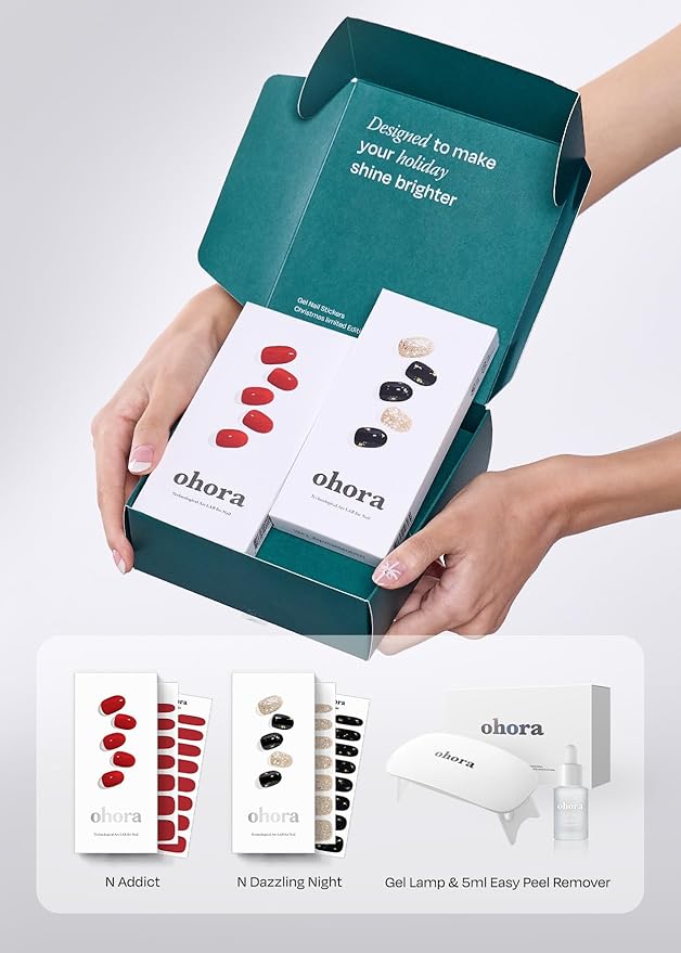 ohora Semi Cured Gel Nail Strip (2024 Christmas Gift Set (Limited Edition)) - Works with UV/LED Lamps, Salon-Quality, Long Lasting, Easy to Apply/Remove - Includes 2 Prep Pads, Nail File, Wooden Stick