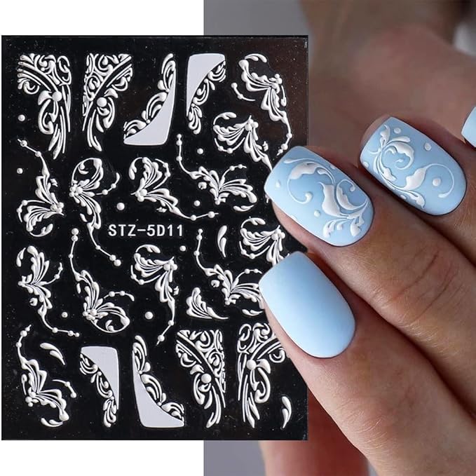 Flower Nail Stickers - 5D White Flowers Nail Art Decals Self-Adhesive Embossed Floral Rose Nail Art Supplies French Nail Designs DIY Wedding Manicure Decorations for Women Girls - 4 Sheets