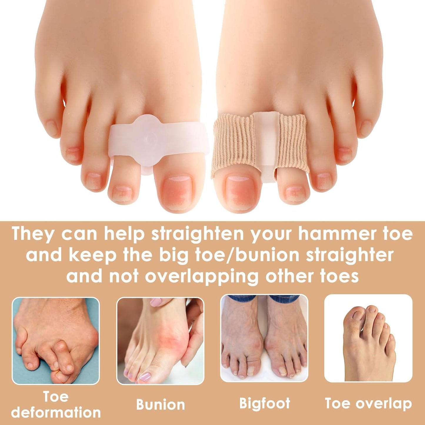 4pcs Gel Toe Separators Bunion Corrector with 2 Loops Big Toe Spacers Overlapping Toes Spacers Hammer Toe Straightener Soft Breathable Elasticity Bunion Spacers for Women Men Relieve Foot Pain