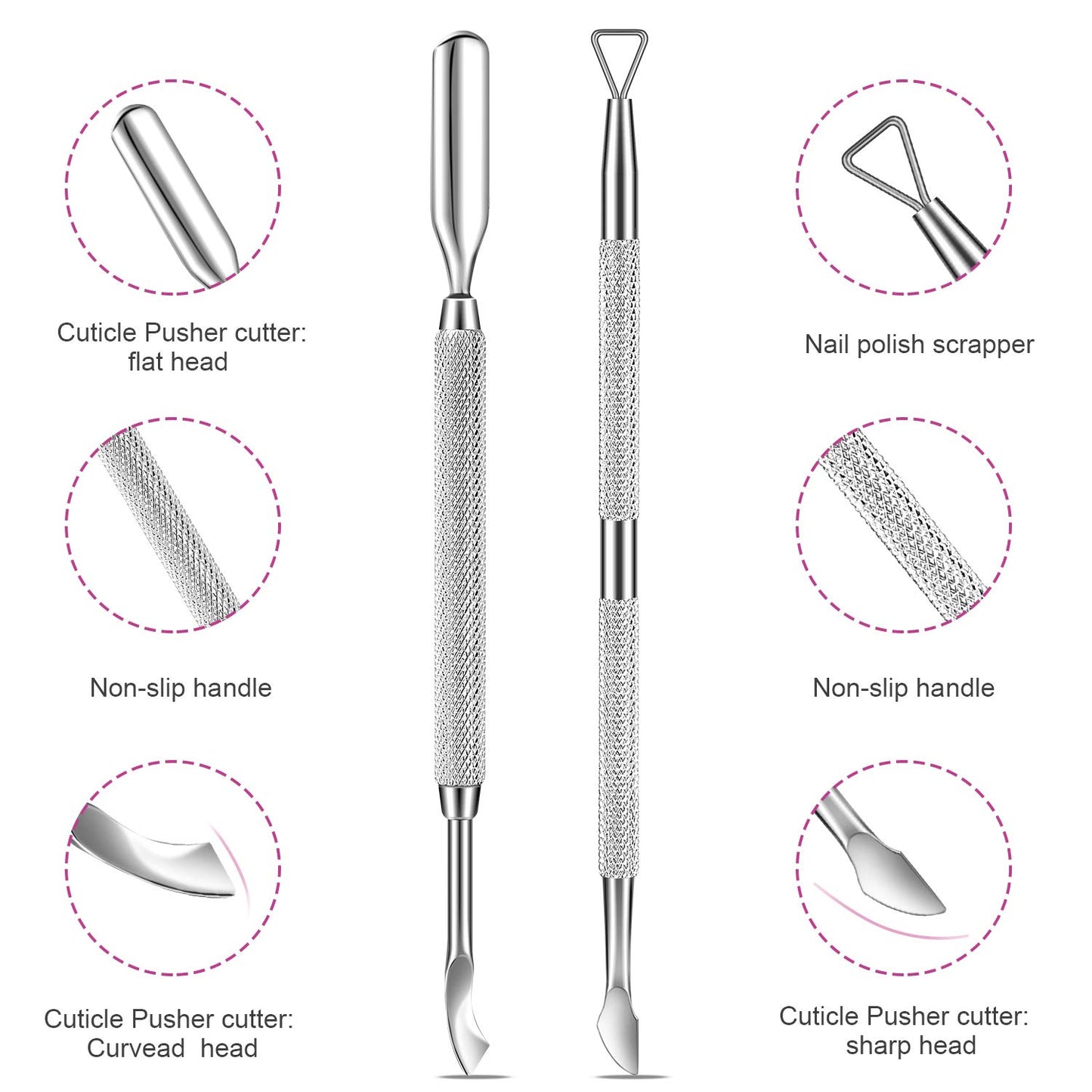 Premium Cuticle Pusher and Gel Polish Remover Set with Nail Files, Professional Grade Stainless Steel Cuticle Remover, Durable Pedicure Manicure Tools Nail Care Kit for Fingernails Toenails Silver