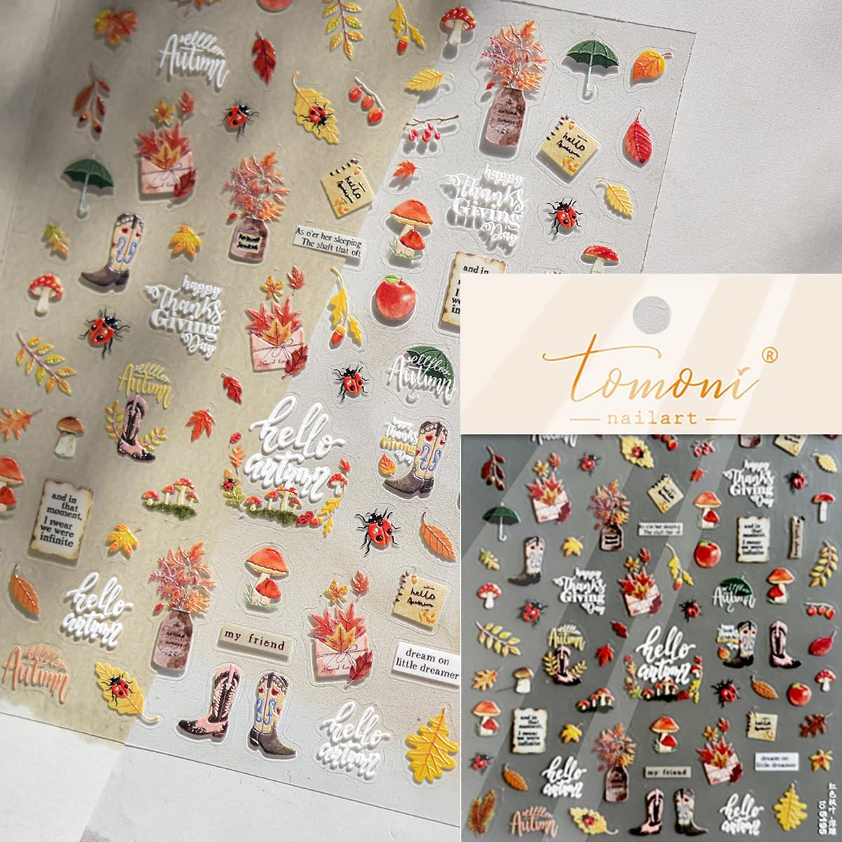 Fall Nail Art Stickers Decals 5D Embossed Red Maple Leaf Nail Decals Self-Adhesive Mushroom Apple Beetle Nails Design Autumn Stickers Thanksgiving Nails Art Supplies for Women DIY Manicure Decorations