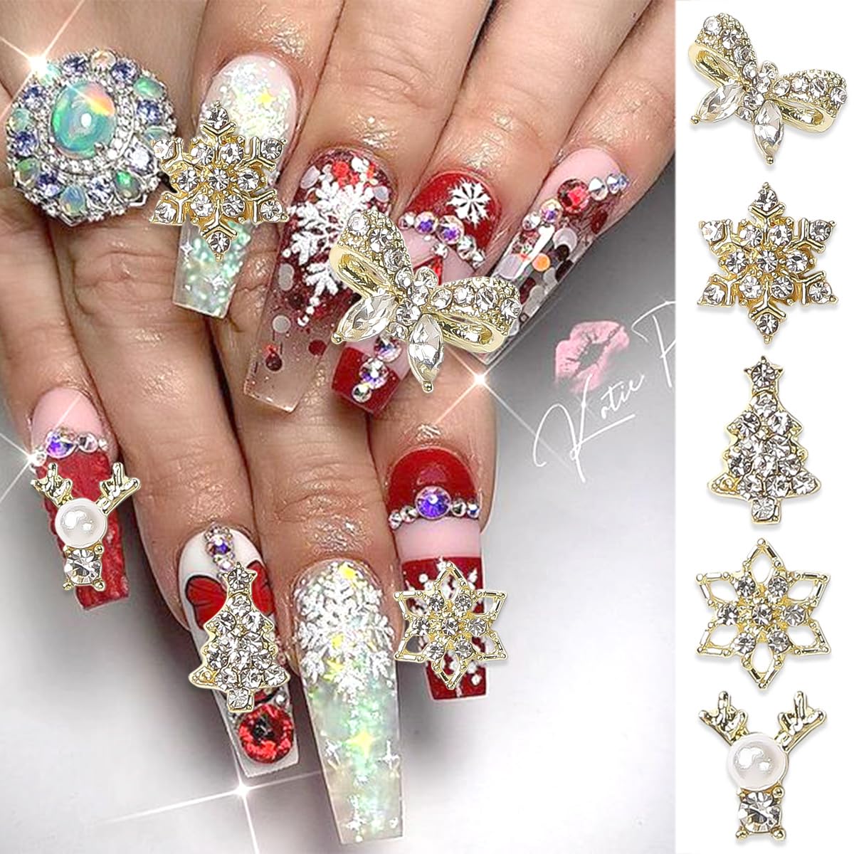 18Pcs Christmas Nail Art Charms Metallic Silver Nail Charms Shiny Snowflake Heart Christmas hat Trees Nail Rhinestones Bling Cute Crystal Nail Gems Winter Glitter Snowflake Nail Supplies for Women DIY