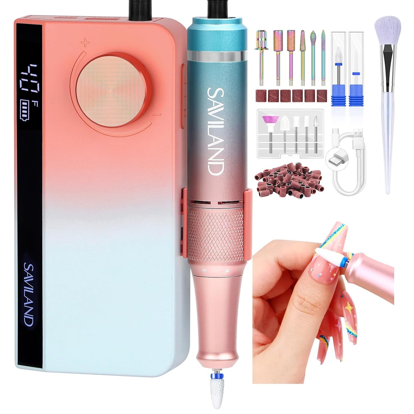 SAVILAND Advance Nail Drill Professional: 40000RPM Pro Electric Nail Drill New Gradient Color Nail D rill Kit LCD Digital Screen Portable Nail File Manicure Pedicure Salon Use at Home
