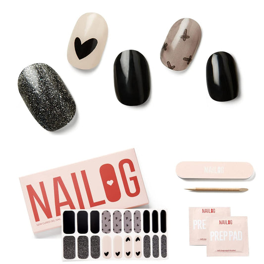 NAILOG Semi Cured Nail Strips for Halloween, 20 Extra Long Gel Nail Strips │ Glossy & Long Lasting Nail Polish Stickers, Nail Wraps with Soft Gel Finishing │Black Little Heart
