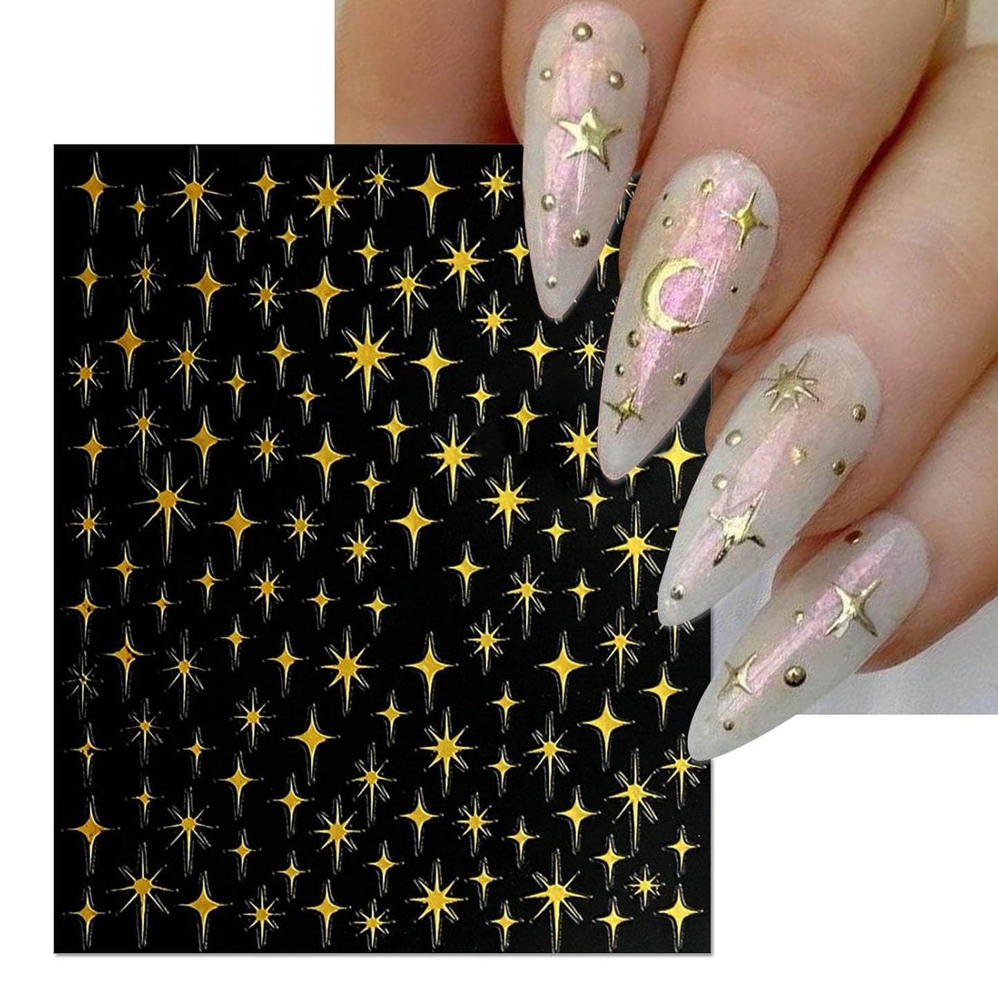 Star Nail Art Stickers - Colorful Shiny Starlight Self-Adhesive Glitter Sparkle Nail Decals for DIY Silver Gold White Black Manicure (6 Sheets)